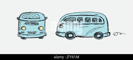 Hand drawn retro van , vector illustration Illustration de Vecteur