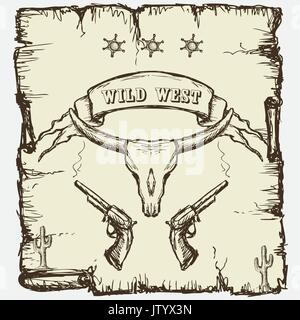 Style Vintage poster avec longhorn crâne, bannière, ruban de revolvers. Vecteur. Illustration de Vecteur