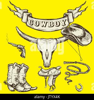 Cowboy accessoires sur un fond jaune, dessin à la main , vector illustration Illustration de Vecteur