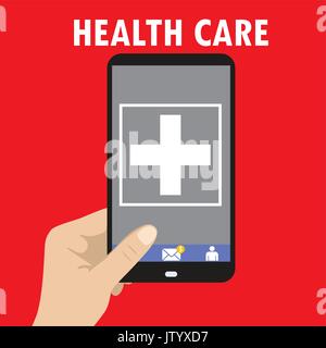 Hand holding smartphone avec instruments de soins de santé dans l'écran, vector illustration Illustration de Vecteur