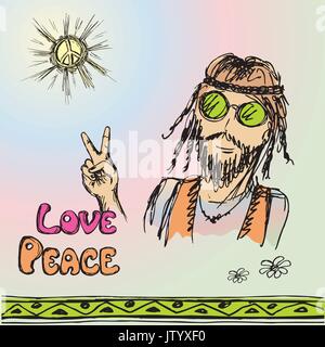 Hippie sympathique aux cheveux longs making peace sign, vector illustration Illustration de Vecteur