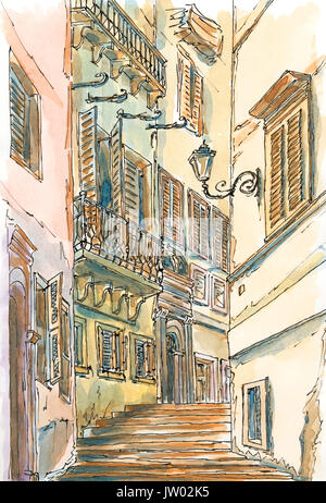 Vieille rue de Rome. Encre et aquarelle sur papier rugueux. Banque D'Images