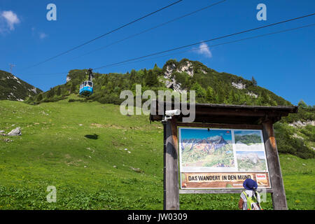 Panneau d'informations lecture femme walker comme Hochalmbahn cabine téléphérique descend la montagne,,, Zugspitzland Hochalm Kreuzeck, Bavière, Allemagne Banque D'Images