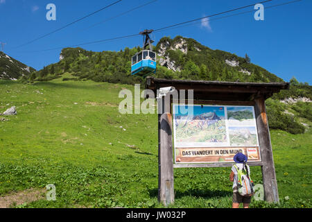 Panneau d'informations lecture femme walker comme Hochalmbahn cabine téléphérique descend la montagne,,, Zugspitzland Hochalm Kreuzeck, Bavière, Allemagne Banque D'Images