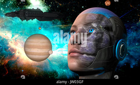 Femme Cyborg avec planètes, vaisseau spatial et de l'espace contexte - le rendu 3D Banque D'Images