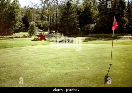 Rocky, l'unique propriétaire et exploitant de l'Humeur Meadows golf course peut être vu tondre la pelouse dans autour d'un des greens de golf. Â Banque D'Images