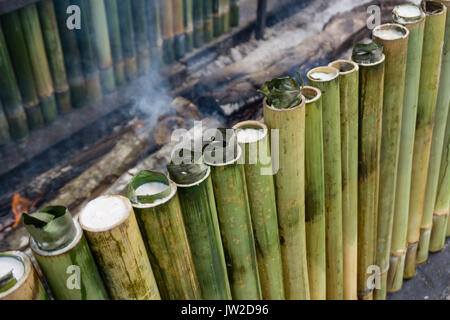 Lemang de cuisson, d'un type de riz en bambou. Lemang est faite de riz gluant qui est cuit avec du lait de noix de coco évidée en bambous. Il est généralement trouvé dans Banque D'Images