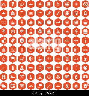 100 icônes de camping familial orange hexagonale Illustration de Vecteur