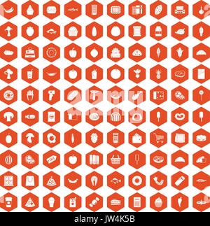 100 icônes d'achats de nourriture orange hexagonale Illustration de Vecteur