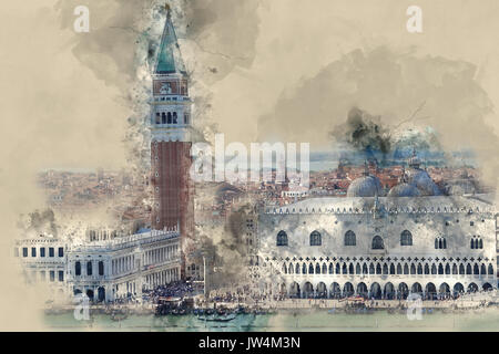 Vue aérienne au-dessus des toits de Venise à la Place St Marc avec le Campanile et le Palais des Doges Banque D'Images