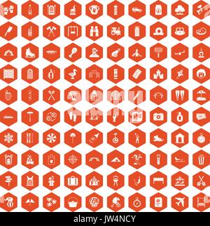 100 icônes famille vacances orange hexagonale Illustration de Vecteur
