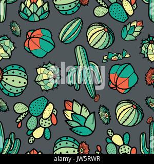 Rouge et vert couleurs cactus et succulentes en contour noir sur fond gris. hand drawn seamless pattern style. vector illustration. Illustration de Vecteur