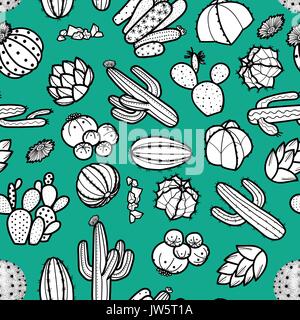 Plantes grasses et cactus en contour noir sur fond vert. rétro style dessiné à la main. vector illustration modèle homogène. Illustration de Vecteur