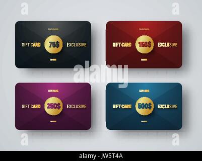 Des modèles de cartes-cadeaux premium avec un cercle d'or à l'intersection de triangles. Design minimaliste avec des couleurs sombres. Vector illustration. Set Illustration de Vecteur