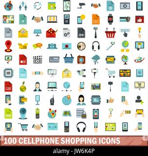100 portable shopping icons set, style plat Illustration de Vecteur