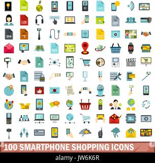 100 shopping smartphone icons set, style plat Illustration de Vecteur