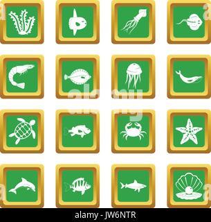 Les animaux de la mer verte icons set Illustration de Vecteur