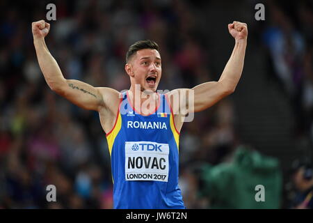 Londres, Royaume-Uni. 10 août, 2017. Alexandru Novac de Roumanie réagit au cours du lancer du javelot hommes au qualificatif es Championnats du monde, à Londres, Royaume-Uni, 10 août 2017. Photo : Bernd Thissen/dpa/Alamy Live News Banque D'Images