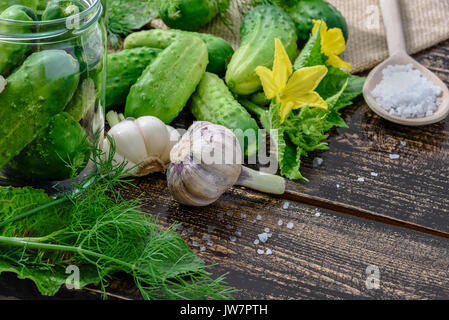 Le concept d'ingrédients des conserves maison - pots de concombres sur une table en bois à côté de la masse vert cru concombres, aneth, sel de mer, gar Banque D'Images