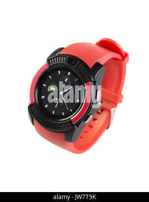 Montre-bracelet de style moderne avec bracelet en silicone rouge isolé sur fond blanc Banque D'Images