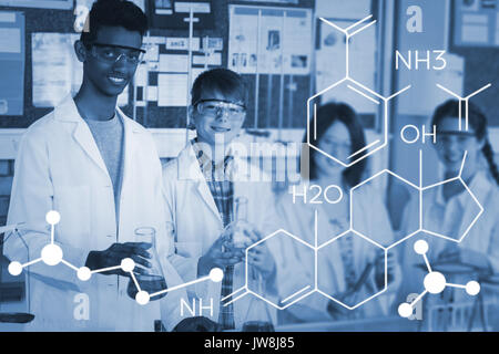 Image composite de la structure chimique contre portrait de l'école de faire une expérience chimique in laboratory Banque D'Images