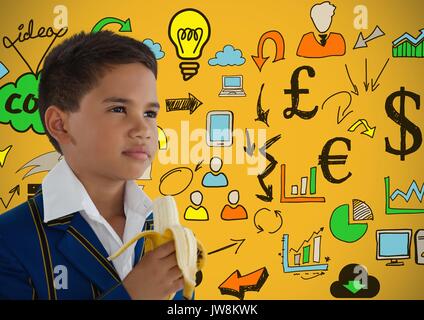 Digital composite de boy eating banana en face du concept d'idées colorées Banque D'Images