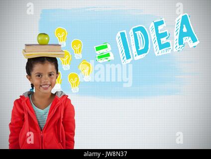 Digital composite of Girl balancing books on head avec des graphiques colorés idée Banque D'Images