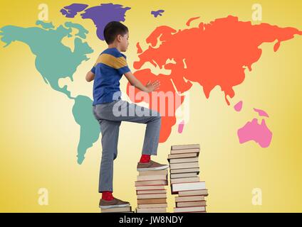 Digital composite de tour d'escalade livres d'écolier en face de la carte du monde en couleur Banque D'Images