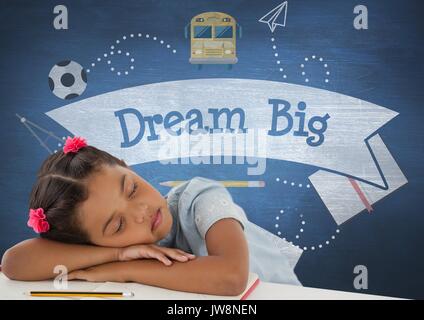 Digital composite of Student girl dormir sur une table contre tableau noir bleu avec dream grand texte et de l'éducation et schoo Banque D'Images