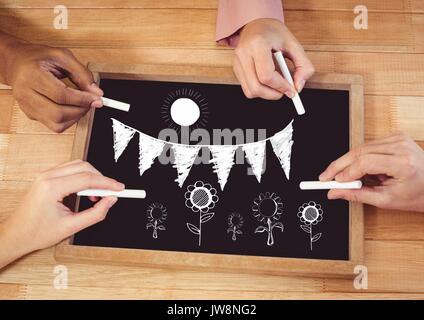 Les mains de fleurs dessin soleil et les drapeaux sur tableau noir Banque D'Images