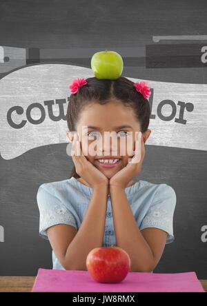 Digital composite de Happy student girl au gris ardoise sur table contre l'éducation et les graphiques Banque D'Images