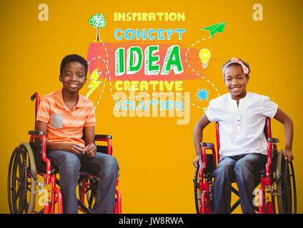 Composite numérique des garçons handicapés en fauteuil roulant avec des graphiques colorés idée concept Banque D'Images