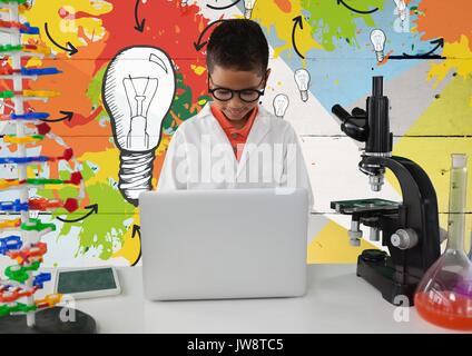 Digital composite de laboratoire scientifique d'écolier en arrière-plan avec des ampoules colorées Banque D'Images