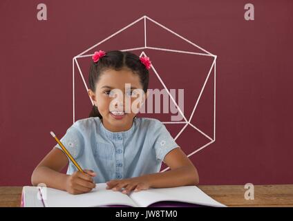 Digital composite of Student girl à table écrit contre red tableau avec l'école et l'éducation graphic Banque D'Images