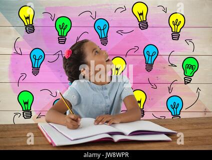 Digital composite de lycéenne écrit au bureau avec des ampoules colorées graphiques Banque D'Images