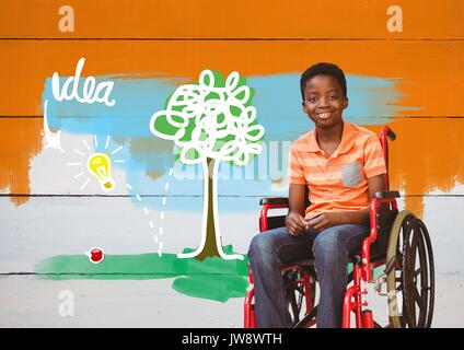 Composite numérique des personnes handicapées en fauteuil roulant avec garçon idée des dessins colorés Banque D'Images