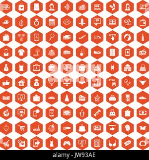 100 icônes en ligne orange hexagonale Illustration de Vecteur