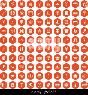 100 icônes loisirs orange hexagonale Illustration de Vecteur