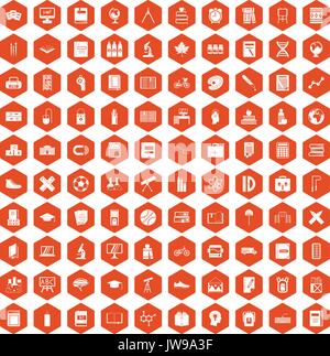 100 icônes de l'école orange hexagonale Illustration de Vecteur