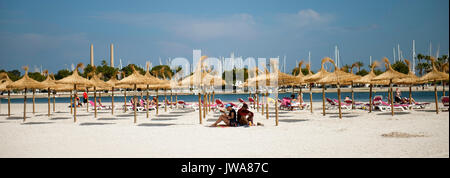 Des parasols sur une plage de sable Banque D'Images