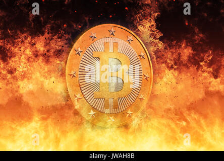 Le Bitcoin Fire - la monnaie virtuelle Bitcoin - 3D Rendering Banque D'Images