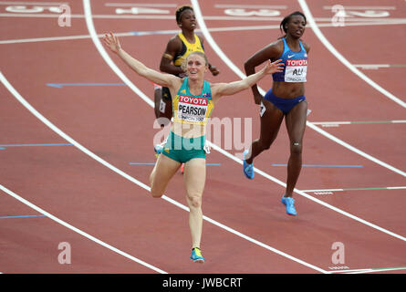 Sally Pearson l'Australie célèbre chaleur gagnant 1 de la Women's 100m haies semi finale pendant huit jours des Championnats du monde IAAF 2017 à la London Stadium. Banque D'Images