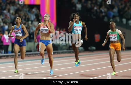 USA's Deajah Stevens, Netherland's Dafne Schippers, Bahamas' Shaunae Miller-Uibo Maria-Josee et la Côte d'Ivoire Ta Lou pendant huit jours du championnat du monde de l'IAAF 2017 à la London Stadium. Banque D'Images