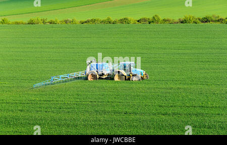 Tracteur avec pulvérisateur de champ, la pulvérisation des pesticides, champ de céréales au printemps, en Saxe-Anhalt, Allemagne Banque D'Images