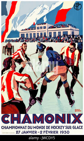 'Chamonix - Championnat du Monde de Hockey sur Glace 27 Janvier-2 février 1930' 1930 Tourisme affiche montrant un match de hockey en face du Stade Olympique de Chamonix construit pour des premiers Jeux Olympiques d'y tient en 1924. Oeuvre de Roger Broders (1883-1953) pour Paris Lyon Mediteranée (Compagnie de chemin de fer PLM). Banque D'Images