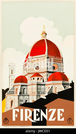 'Firenze' (Florence) vers 1930 Tourisme affiche présentant le campanile de Giotto et la cathédrale. Publié par Ferrovie dello Stato (FS -Chemins de fer de l'État italien) et l'ENIT (Agenzia nazionale del turismo - Office du tourisme italien). Banque D'Images