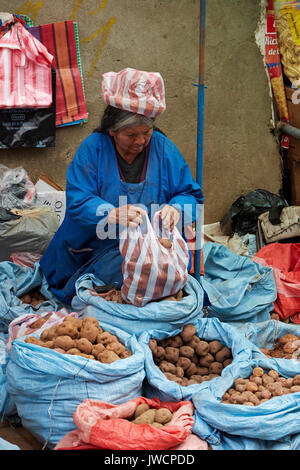 Cholita la vente de pommes de terre, El Alto, La Paz, Bolivie, Amérique du Sud Banque D'Images