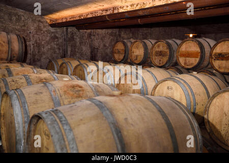 Cave voûtée avec température constante barrique de chêne français à l'âge du vin à Kabaj Morel winery 34070 Slovrenc Brda Slovénie Banque D'Images