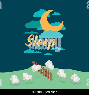 Nuit paysage scène couleur du temps de sommeil avec moutons sauter clôture en bois Illustration de Vecteur