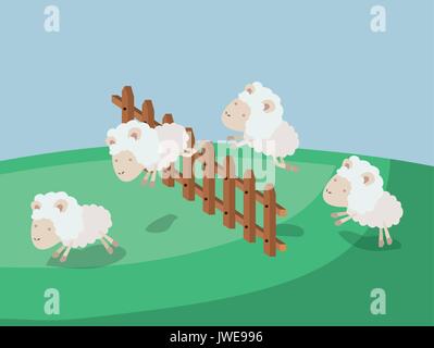 Poster couleur paysage scène du temps de sommeil avec moutons sauter clôture en bois Illustration de Vecteur